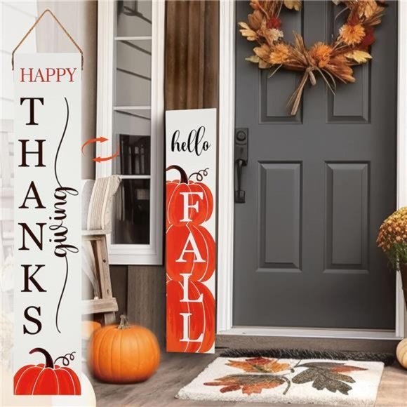 Hello Fall Sign, Double-Sided Thanksgiving Fall Sign 40" Wooden Welcome Sign - Picture 3 of 6
